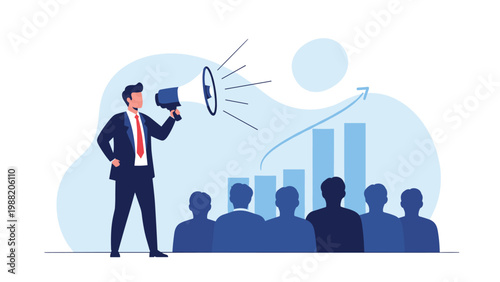 Professional businessman shouting through megaphone to audience during corporate presentation with growth chart in background.