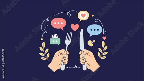 Two hands holding a fork and knife prepare to eat a meal surrounded by hearts and floating food related chat bubbles.