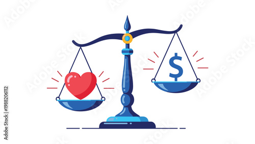 Classic scale balances a shiny red heart on one side and a blue dollar sign on the other to represent value priorities.