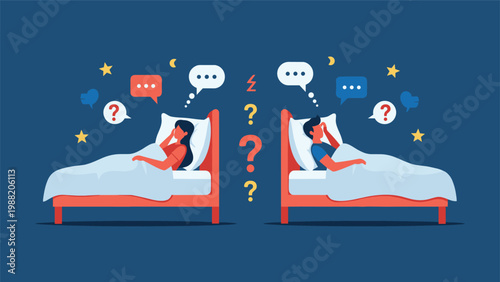 Distant couple lying in separate beds facing away from each other with frustration and communication problems shown by bubbles.