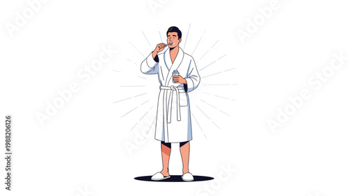 Confident man wearing white bathrobe brushing his teeth in morning routine for dental health and daily hygiene maintenance.