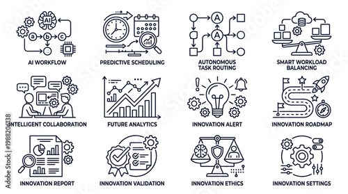 Collection of Business and Technology Icons Illustrating Innovation and Workflow.