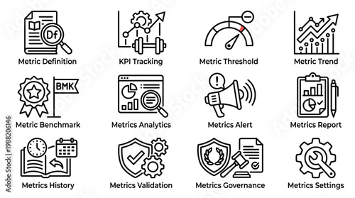 Collection of Business Metrics and Analytics Icons.
