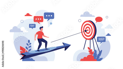 Motivated businessman surfing on flying blue arrow toward bullseye target with speech bubbles and clouds in sky background.