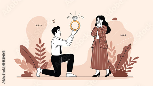 Romantic man kneeling on one knee and proposing to surprised woman with oversized diamond ring in beautiful outdoor garden setting.
