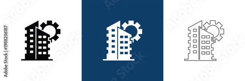 Property Management Icon Solid and Outline Styles. Comprehensive property management icon collection in blue flat style, covering real estate services, contracts, payments, maintenance, and smart prop