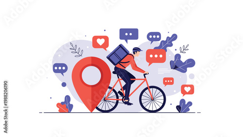 Professional food delivery courier riding bicycle with large thermal backpack and location pin icon amongst social media symbols.