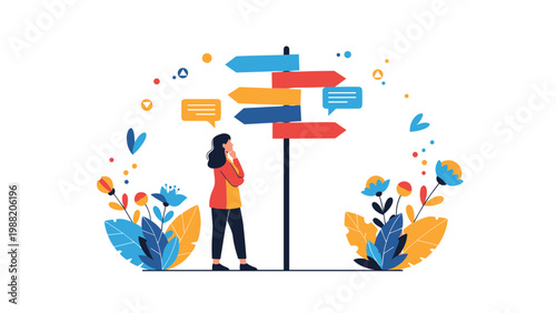 Confused woman standing at crossroads signpost with many arrows pointing in different directions deciding her future career path.