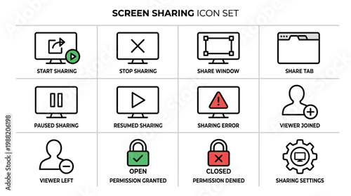 Screen Sharing Icon Set for Digital Communication and Collaboration.