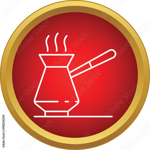Line drawing of a cezve with steam inside a red and gold circle icon
