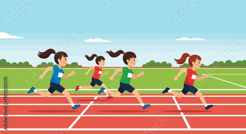 Energetic Girls Competing in a Track Race on a Sunny Day for Athletic Competition