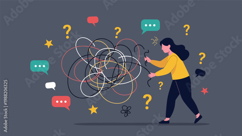 Stressed woman trying to untangle a large mess of colorful lines surrounded by question marks and speech bubbles for problem solving.