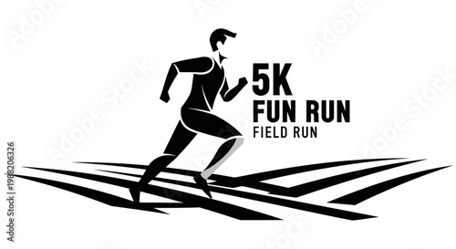 Energetic Athlete Sprinting Across Field in Black and White Design for 5K Fun Run Event