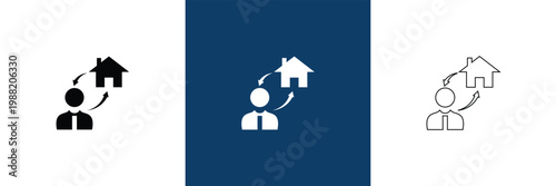 Property Management Icon Solid and Outline Styles. Comprehensive property management icon collection in blue flat style, covering real estate services, contracts, payments, maintenance, and smart prop