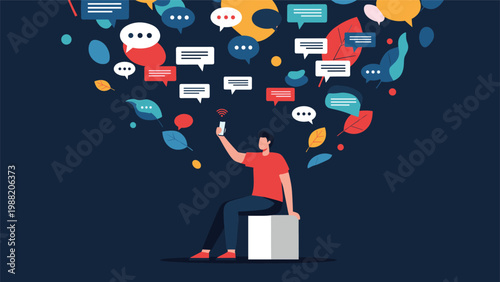 Man sitting on white block using smartphone with many speech bubbles and autumn leaves floating above representing social communication.