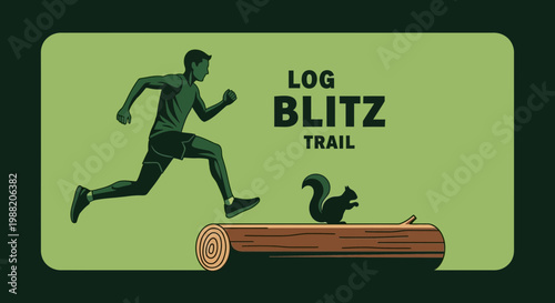 Energetic Graphic Depicting Trail Runner Leaping Over a Log With A Squirrel Nearby