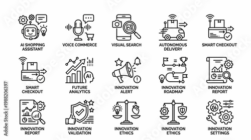 Collection of Icons Representing Modern Business and Technology Innovations.