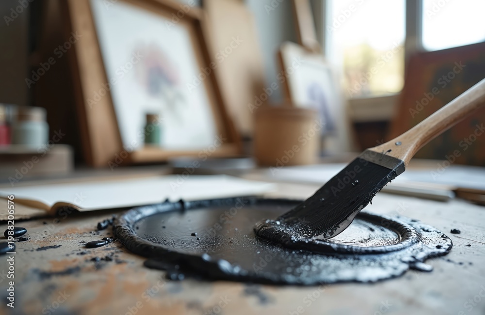 Fototapeta premium Artist prepares black paint on table. Wide brush mixes thick pigment for art creation. Studio background shows framed artworks. Creative process begins with messy materials. Inspiration in workshop.