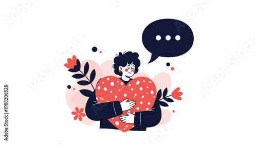 Young woman with curly hair closes her eyes and tenderly hugs a large spotted heart to symbolize self love and emotional well-being.