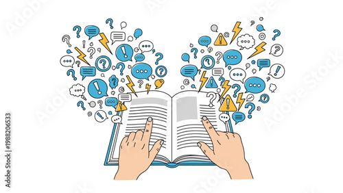 Human hands rest on an open book as a cloud of educational and communicative icons float above representing the vast world of knowledge.