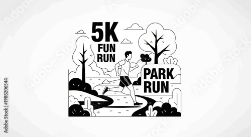 Energetic Illustration Depicting 5K Fun Run and Park Activity, Monochrome Design