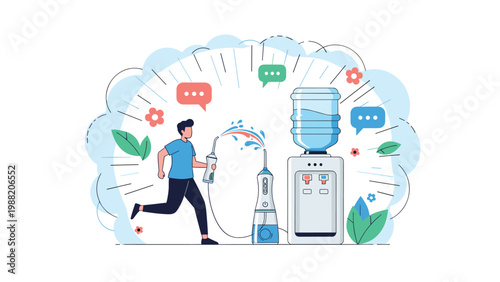 Active man runs near a water dispenser while using an oral irrigator for hygiene as colorful flowers and speech bubbles float around.