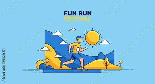 Energetic Runner In A Fun Run Festival With Sun And Modern Abstract Landscape Design