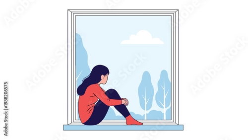 Young woman sits on a windowsill looking out at the trees and sky reflecting on her thoughts in a quiet and contemplative moment.