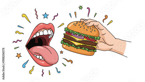 Wide open mouth prepares to take a bite out of a large delicious multi layer hamburger held by a hand amidst celebratory sparkles.