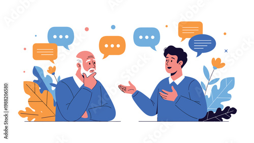 Young man having a respectful conversation with an elderly man with a beard surrounded by plants.