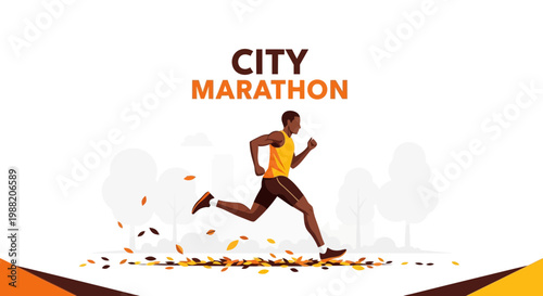 Energetic Runner In Action At City Marathon Event With Beautiful Autumnal Scenery