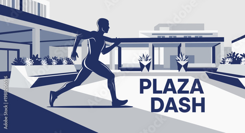 Energetic Athlete Sprinting In Plaza, Modern Minimalist Graphic Illustration Design