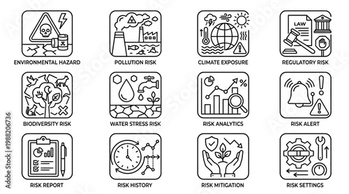 Collection of Risk Icons Illustrating Various Environmental and Business Concerns.