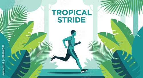 Energetic Runner Striding in a Tropical Landscape with Lush Flora and Vibrant Color Palette