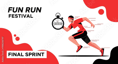 Energetic Athlete Sprinting Towards Finish Line During Fun Run Event With Stopwatch