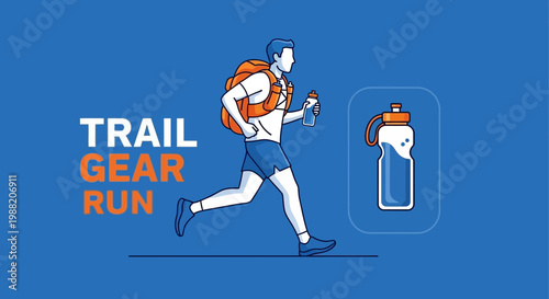 Energetic Runner With Backpack and Water Bottle, Trail Gear Illustration on Blue Background