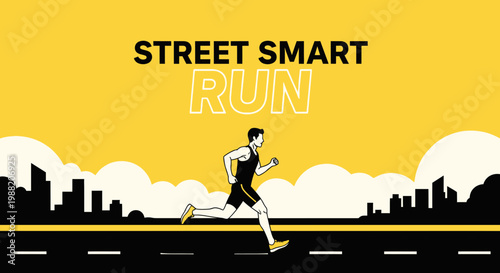 Energetic Urban Runner: Street Smart Run Concept Depicting Cityscape Silhouette