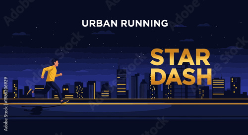 Energetic Urban Runner with a Golden Star Dash Through a Vivid Cityscape at Night