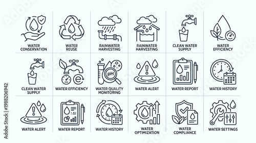 Collection of Water Management and Conservation Icons.