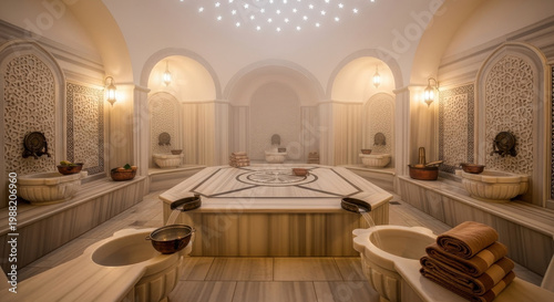 Elegant Spa Room with Marble Flooring and Wall Decor