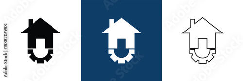 Property Management Icon Solid and Outline Styles. Comprehensive property management icon collection in blue flat style, covering real estate services, contracts, payments, maintenance, and smart prop
