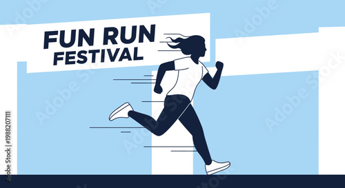 Energetic Woman Silhouetted Running Towards Fun Run Festival Banner Illustration On Blue