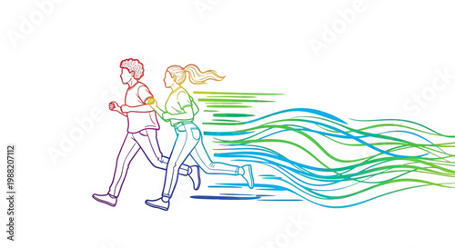 Energetic Runners: Duo Embracing Velocity and Colorful Trajectory on a White Backdrop