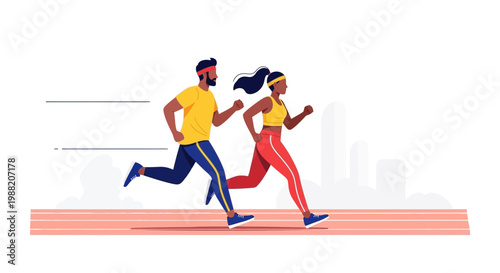 Energetic Runners: Dynamic Duo Sprinting on a Track, Illustrating Fitness and Motion