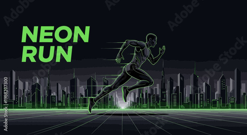 Energetic Runner In Neon Cityscape, Representing Speed, Motion, And Modern Urban Vibe