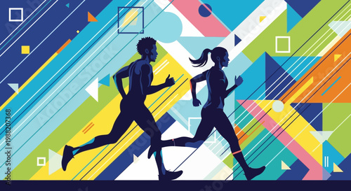 Energetic Runners Silhouetted Vector Illustration with Geometric Modern Background