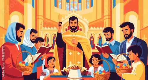 Orthodox Christian priest leading Easter service with congregation celebrating religious holiday with painted eggs and prayer books insi