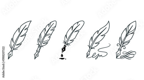 Quill pens vector illustration set presents various elegant writing tools and artistic flourishes, perfect for historical, literary, and creative design projects.