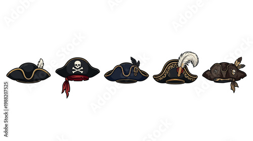 Collection of diverse pirate hats showcasing different styles, materials, and decorative elements for historical or fantasy concepts.