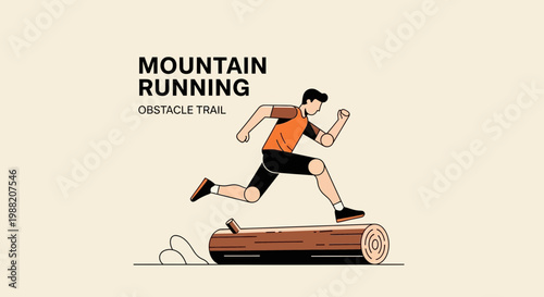Energetic Mountain Runner Jumping Over Log Obstacle on the Trail, Illustration Concept
